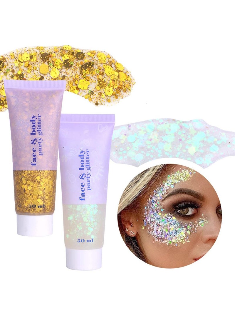 SYOSI 2pcs Body Glitter Mermaid Sequins Liquid Holographic Gel Chunky Face Eye Lip Hair Nail Festival Makeup Sparkling for Women White Gold - Image 5