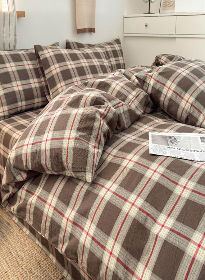 Mucalis Brown Green Red Gingham Buffalo Plaid Duvet Cover Queen 100% Washed Cotton Vintage Checkered Duvet Cover Set Retro 3 Piece Grid Bedding Set with Zipper Closure Corner Ties,Soft,Easy Care - Image 1