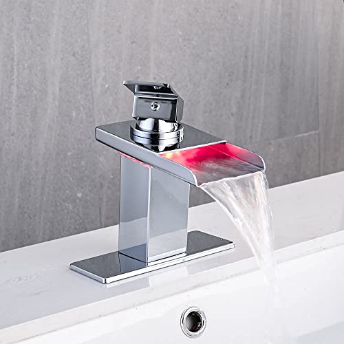 AVSIILE LED Bathroom Sink Faucet, Chrome Waterfall Single Hole Handle Vanity Faucets for Sinks 1 Hole with Metal Pop Up Drain and 2 Water Supply Lines, Stainless Steel Spout - Image 2