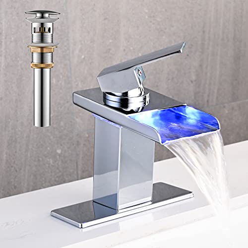 AVSIILE LED Bathroom Sink Faucet, Chrome Waterfall Single Hole Handle Vanity Faucets for Sinks 1 Hole with Metal Pop Up Drain and 2 Water Supply Lines, Stainless Steel Spout - Image 1