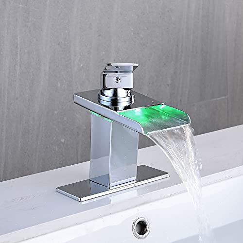 AVSIILE LED Bathroom Sink Faucet, Chrome Waterfall Single Hole Handle Vanity Faucets for Sinks 1 Hole with Metal Pop Up Drain and 2 Water Supply Lines, Stainless Steel Spout - Image 3