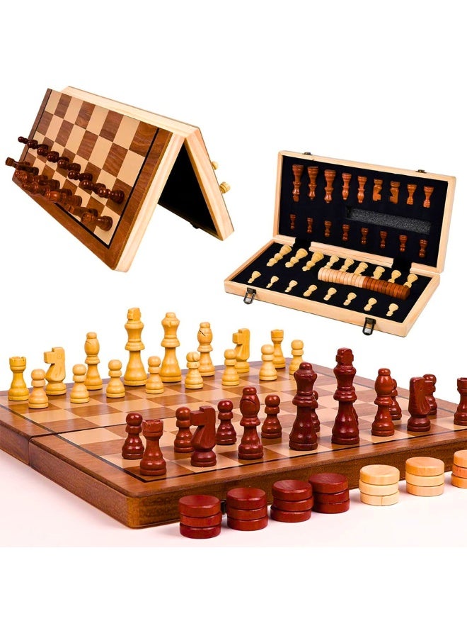 Wooden Chess Set | 15.4 Inches Magnetic Chess Set | Travel Chess Set for Adults and Kids Portable Folding Board Game Set with Handmade Felted Chess Pieces - Felt Interior - Piece Holders - Image 1
