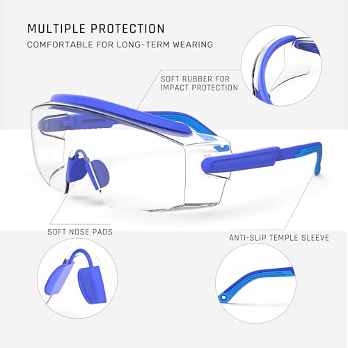 MEIGIX Anti Fog Safety Glasses Safety Goggles Over Glasses Protective Glasses with Anti Scratch Lenses Adjustable Frame And Temples,Clear, Lab Eyewear Goggles for men & Women(Blue 1 Pair) - Image 5