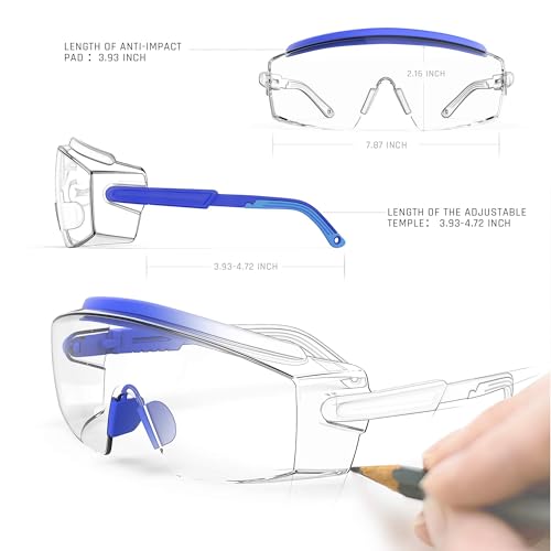 MEIGIX Anti Fog Safety Glasses Safety Goggles Over Glasses Protective Glasses with Anti Scratch Lenses Adjustable Frame And Temples,Clear, Lab Eyewear Goggles for men & Women(Blue 1 Pair) - Image 3