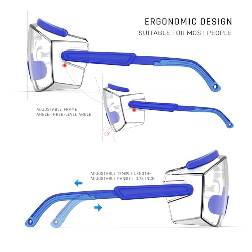 MEIGIX Anti Fog Safety Glasses Safety Goggles Over Glasses Protective Glasses with Anti Scratch Lenses Adjustable Frame And Temples,Clear, Lab Eyewear Goggles for men & Women(Blue 1 Pair) - Image 4