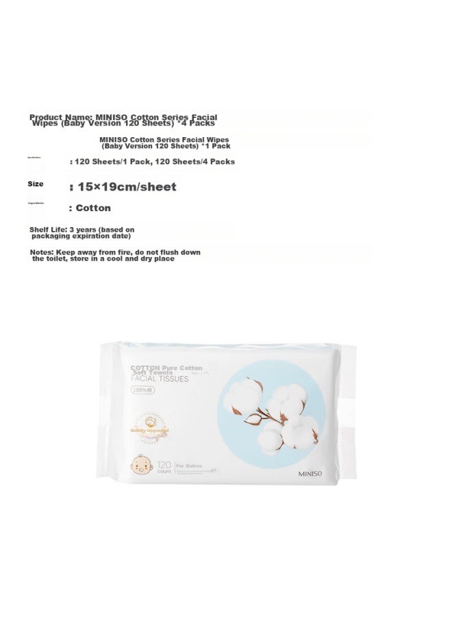 Miniso Baby Face Wipes, Disposable Cotton Soft Tissues, Dual-use Baby Cleansing Wipes, 120 Sheets*4 Packs, 100% Pure Cotton - Image 3