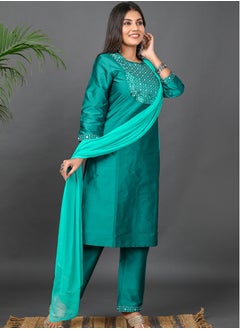 Riara Riara Embroidery Women Kurti Set With Dupatta Teal Round Neck M  - Image 2