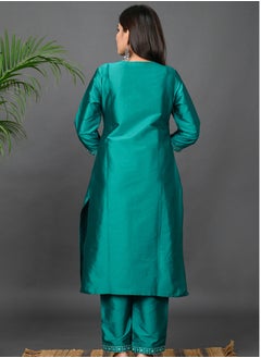 Riara Riara Embroidery Women Kurti Set With Dupatta Teal Round Neck M  - Image 4