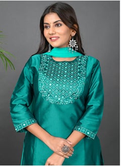 Riara Riara Embroidery Women Kurti Set With Dupatta Teal Round Neck M  - Image 3