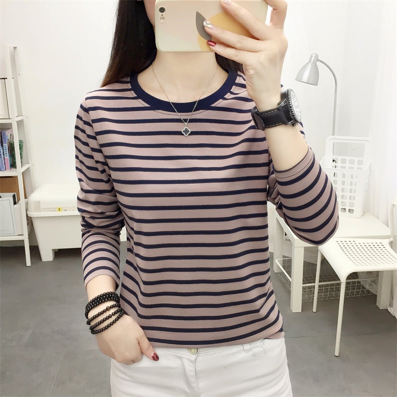 Outer Wearing Long-Sleeved T-Shirt Women'S Loose Plus Size Autumn Clothes Base Shirt Middle-Aged Mother'S Early Autumn Striped Top - Image 1