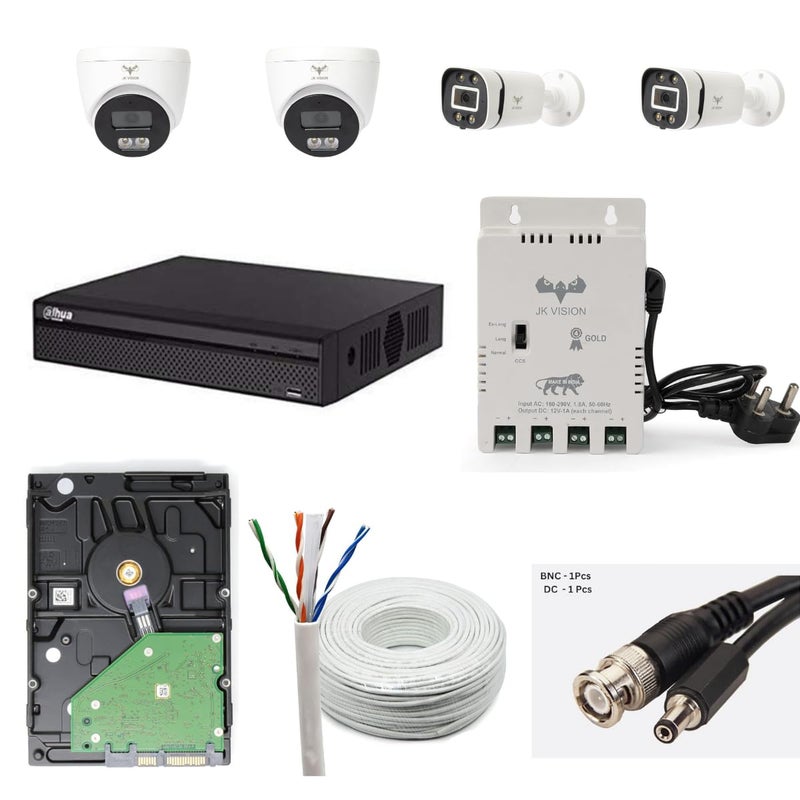 JK Vision 24MP ColorVu CCTV Camera System for Home Office School 2 Bullet 2 Dome 500 GB Hard Disk 4 Channel Power Supply DVR 90Mtr Cable BNCDC - Image 1