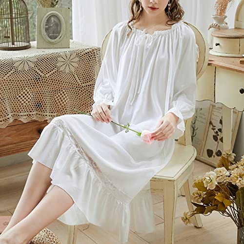 Homgro Women's Victorian Nightgown 3/4 Sleeve Frilly Cotton Night Gown Sleep Dress Pleated Lace Maxi Old Fashioned Princess Vintage Ruffle Nightdress Square Neck White Small - Image 4