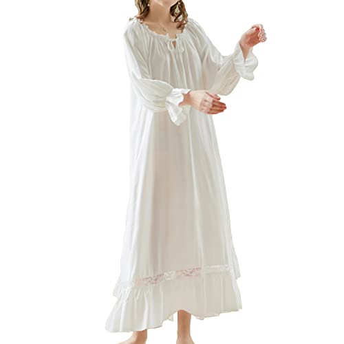 Homgro Women's Victorian Nightgown 3/4 Sleeve Frilly Cotton Night Gown Sleep Dress Pleated Lace Maxi Old Fashioned Princess Vintage Ruffle Nightdress Square Neck White Small - Image 5