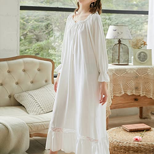 Homgro Women's Victorian Nightgown 3/4 Sleeve Frilly Cotton Night Gown Sleep Dress Pleated Lace Maxi Old Fashioned Princess Vintage Ruffle Nightdress Square Neck White Small - Image 2