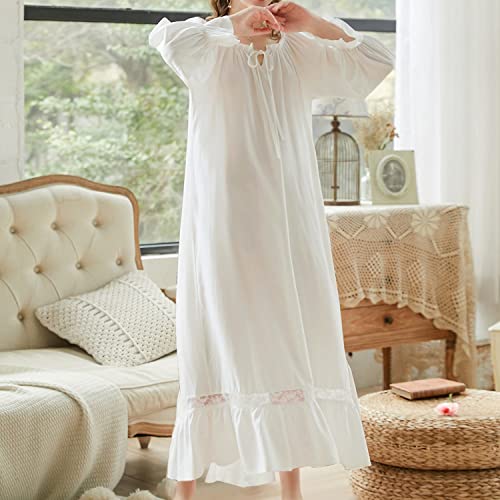 Homgro Women's Victorian Nightgown 3/4 Sleeve Frilly Cotton Night Gown Sleep Dress Pleated Lace Maxi Old Fashioned Princess Vintage Ruffle Nightdress Square Neck White Small - Image 3