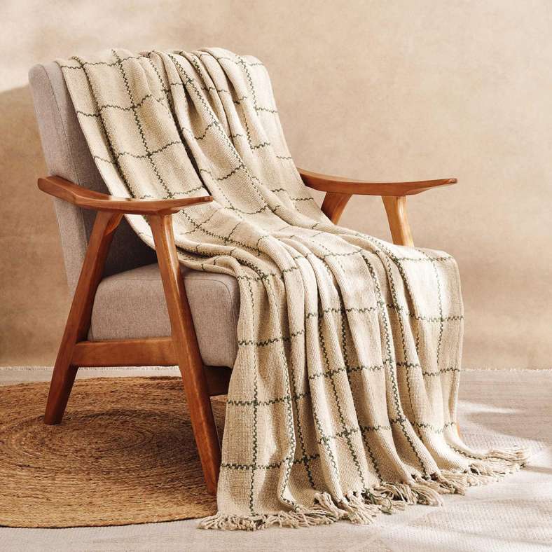 Pan Home Linen Texture Plain Hand Woven Fringed Throw 125x150cm - Olive