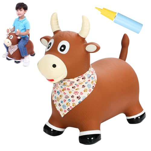 INPANY Bouncy Bull Farm Animal Hopping Toys for 1 2 Year Old Boy Gifts Ride on Toddler Brown Cow Hopper Kids Inflatable Jumping Horse Outdoor Indoor Rubber Bouncer for 3 4 Yr Girl Birthday - Image 1