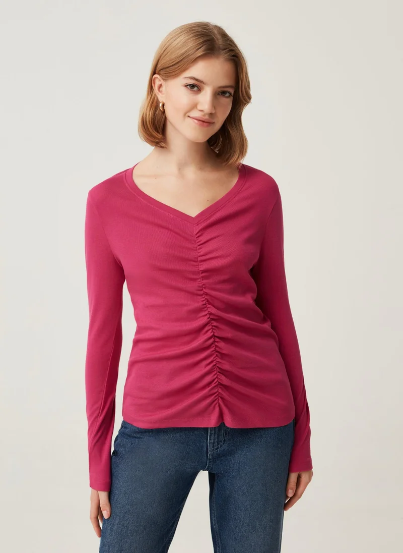 او في اس Ovs Womens T-Shirt With V Neckline And Gathering