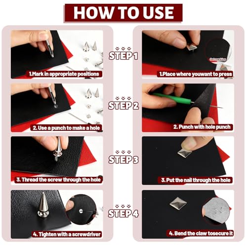 CXIIPOL 600 Sets Punk Spikes and Studs Kit, 10 Sizes Metal Tree Spikes Studs for Clothing, Cone Spike and Studs Rivets for Leather Craftsmanship, Punk Style Clothing, Jackets, Shoes, Belt Bags - Image 4