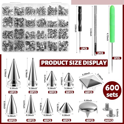 CXIIPOL 600 Sets Punk Spikes and Studs Kit, 10 Sizes Metal Tree Spikes Studs for Clothing, Cone Spike and Studs Rivets for Leather Craftsmanship, Punk Style Clothing, Jackets, Shoes, Belt Bags - Image 2