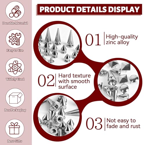 CXIIPOL 600 Sets Punk Spikes and Studs Kit, 10 Sizes Metal Tree Spikes Studs for Clothing, Cone Spike and Studs Rivets for Leather Craftsmanship, Punk Style Clothing, Jackets, Shoes, Belt Bags - Image 3