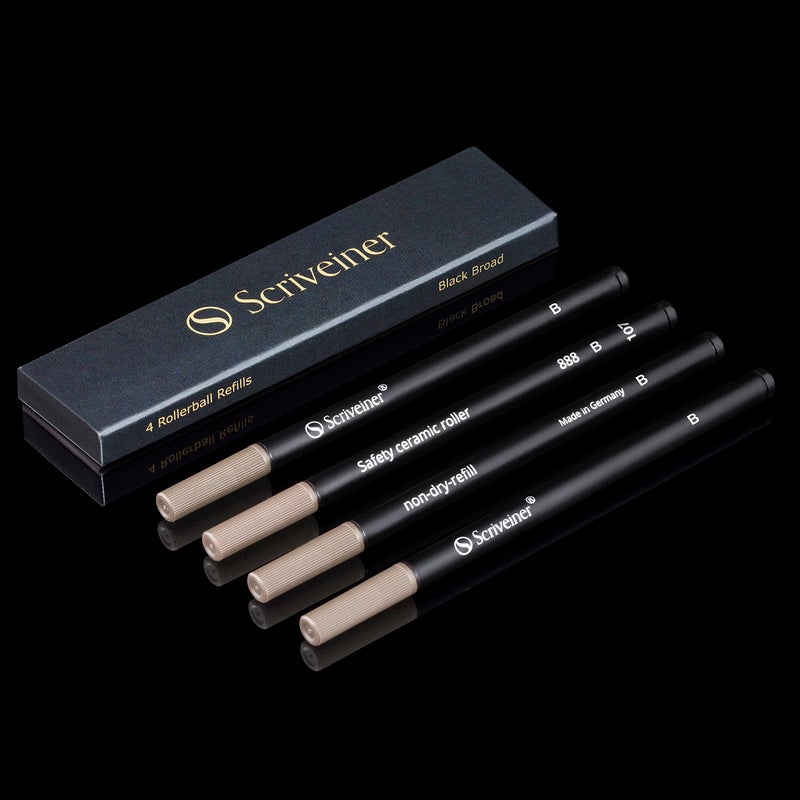 Scriveiner Rollerball Refill Black Broad - 4 Rollerball Refills Designed for Scriveiner Pens - Safety Ceramic Non Dry Roller Pen Refill B - Schmidt 888 Size â€“ Made in Germany - Image 1