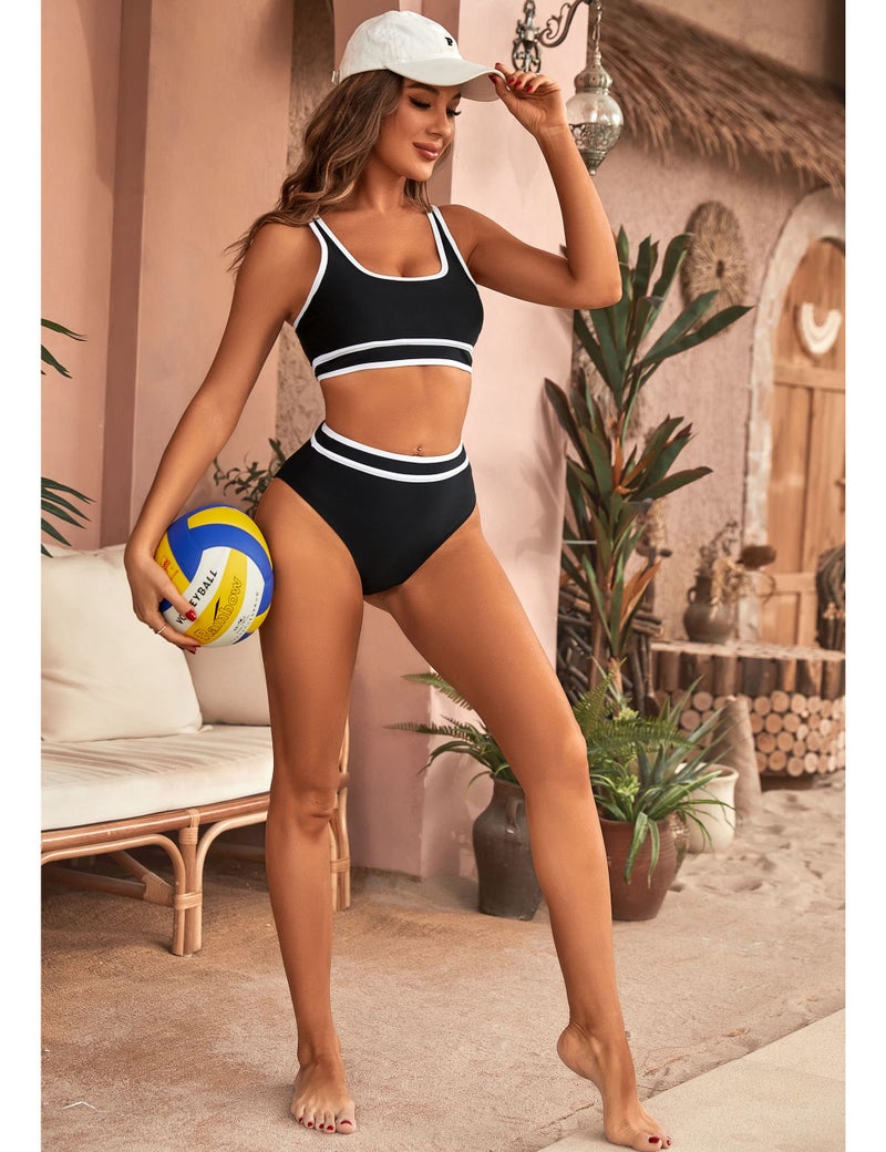 BMJL Women's High Waisted Bikini Sets Sporty Two Piece Swimsuits Color Block Cheeky High Cut Bathing Suits(L,Black) - Image 5