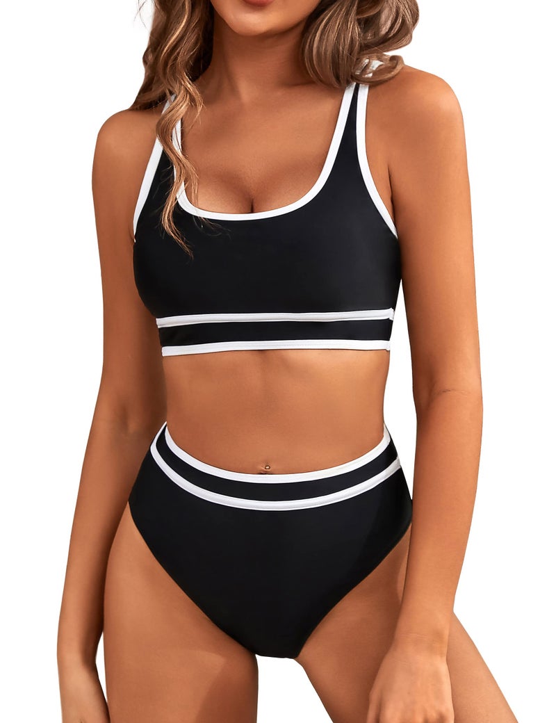 BMJL Women's High Waisted Bikini Sets Sporty Two Piece Swimsuits Color Block Cheeky High Cut Bathing Suits(L,Black) - Image 1