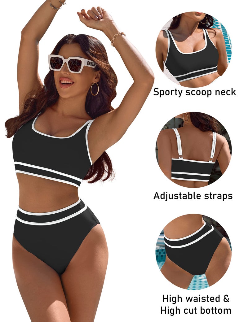 BMJL Women's High Waisted Bikini Sets Sporty Two Piece Swimsuits Color Block Cheeky High Cut Bathing Suits(L,Black) - Image 4