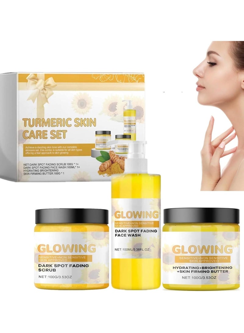 EELHOE Turmeric Skincare Set - Glow Skincare Set with Face Wash, Face Cream, and Turmeric Glow Scrub, Natural Exfoliation, Hydration, and Skin Firming for a Radiant Complexion - Image 1