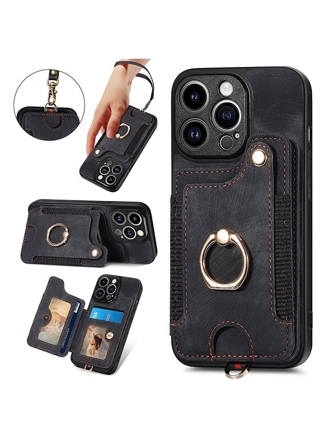 iPhone 15 Pro Max Wallet Case with Card Holder, Leather Protective Case Purse with RFID Blocking Ring Holder Strap Wrist Kickstand Flip Shockproof Cover Shockproof Magnetic Attraction Black - Image 1