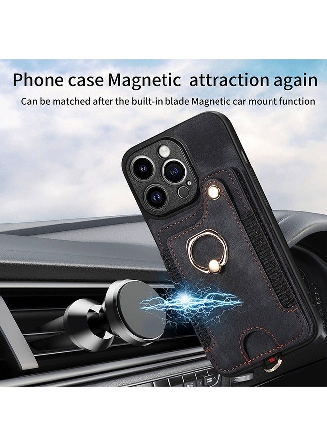 iPhone 15 Pro Max Wallet Case with Card Holder, Leather Protective Case Purse with RFID Blocking Ring Holder Strap Wrist Kickstand Flip Shockproof Cover Shockproof Magnetic Attraction Black - Image 3