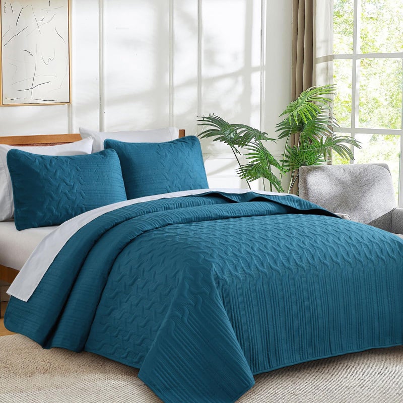 Yiran Teal Blue Quilt Set Queen Size Lightweight Bedspread Ultrasonic Wave Pattern Soft Microfiber Coverlet for All Season Modern Style 3 Piece Bed Cover Sets with 2 Pillow Shams (96"x90") - Image 3