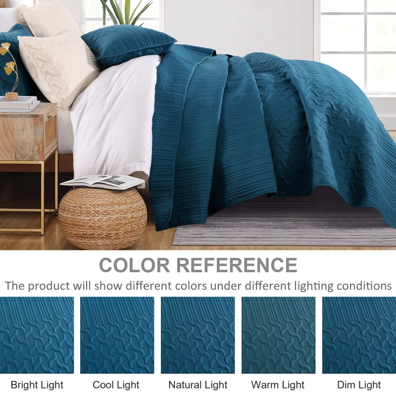 Yiran Teal Blue Quilt Set Queen Size Lightweight Bedspread Ultrasonic Wave Pattern Soft Microfiber Coverlet for All Season Modern Style 3 Piece Bed Cover Sets with 2 Pillow Shams (96"x90") - Image 4