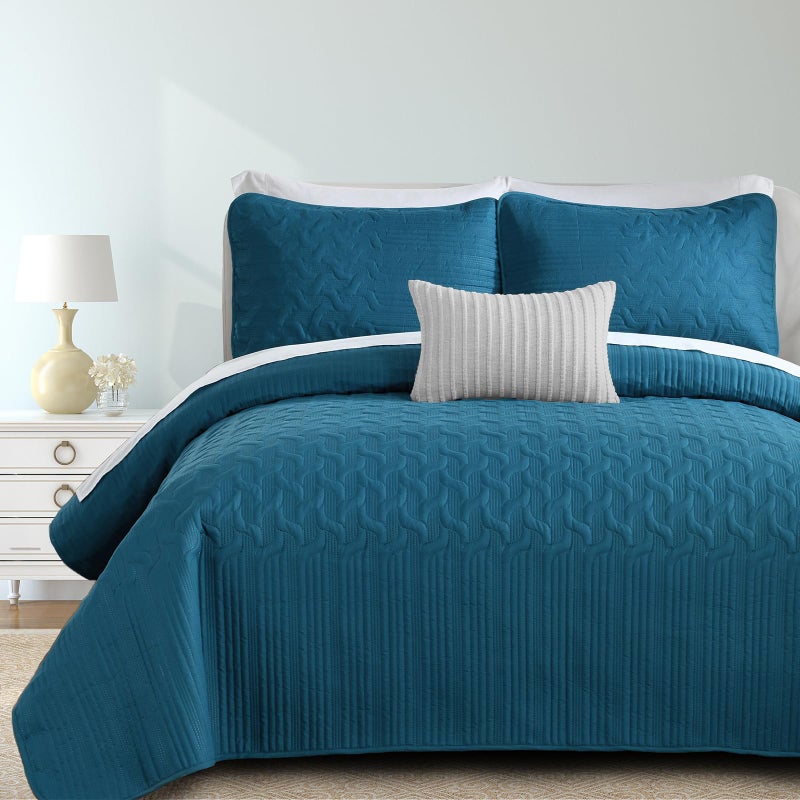 Yiran Teal Blue Quilt Set Queen Size Lightweight Bedspread Ultrasonic Wave Pattern Soft Microfiber Coverlet for All Season Modern Style 3 Piece Bed Cover Sets with 2 Pillow Shams (96"x90") - Image 1