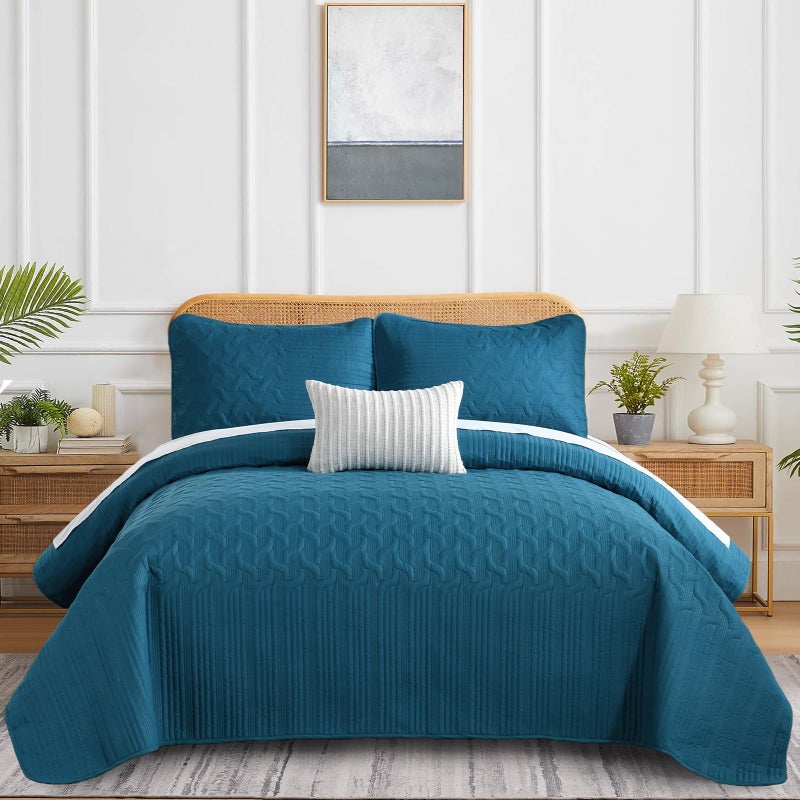 Yiran Teal Blue Quilt Set Queen Size Lightweight Bedspread Ultrasonic Wave Pattern Soft Microfiber Coverlet for All Season Modern Style 3 Piece Bed Cover Sets with 2 Pillow Shams (96"x90") - Image 2