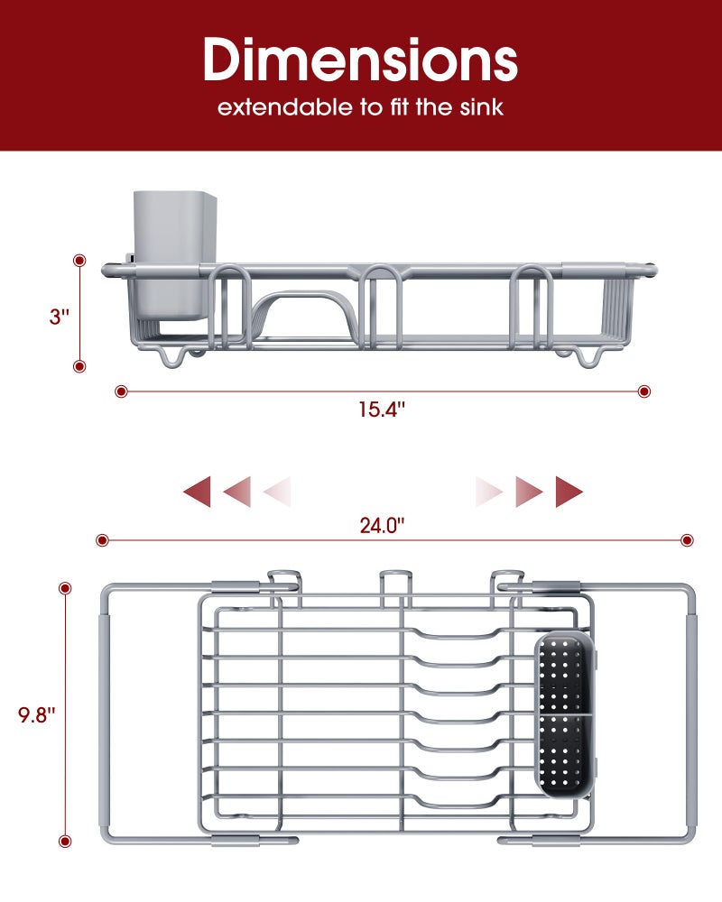 Sakugi Dish Drying Rack in Sink - Expandable Stainless Steel Dish Rack Over the Sink, Kitchen Sink Drain Strainer with Cutlery Holder & Cup Holders, 15.4 x 9.8 x 3.0 Inch, Silver - Image 3