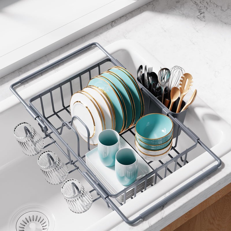Sakugi Dish Drying Rack in Sink - Expandable Stainless Steel Dish Rack Over the Sink, Kitchen Sink Drain Strainer with Cutlery Holder & Cup Holders, 15.4 x 9.8 x 3.0 Inch, Silver - Image 1