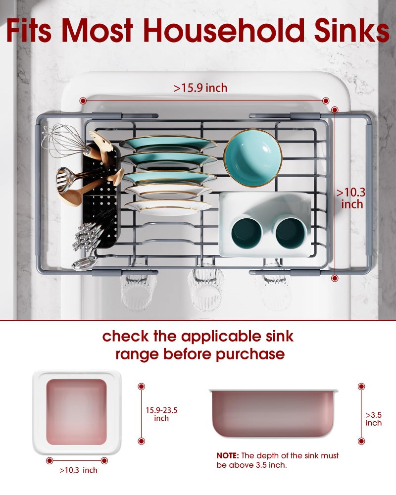 Sakugi Dish Drying Rack in Sink - Expandable Stainless Steel Dish Rack Over the Sink, Kitchen Sink Drain Strainer with Cutlery Holder & Cup Holders, 15.4 x 9.8 x 3.0 Inch, Silver - Image 2