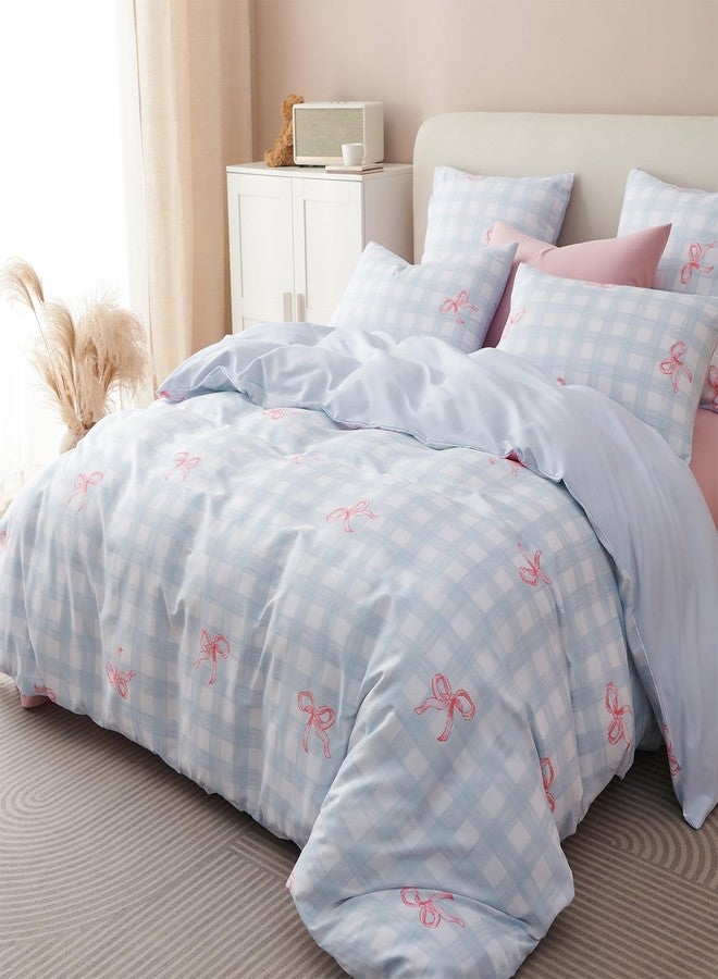 Bildenly Comforter Set Twin Size 2 Pieces Blue Plaid Pink Bow Reversible Comforter Bedding Sets for Girls Kids Bowknot Grid Pattern Soft Lightweight Dorm Bedding with 1 Pillowcase - Image 4