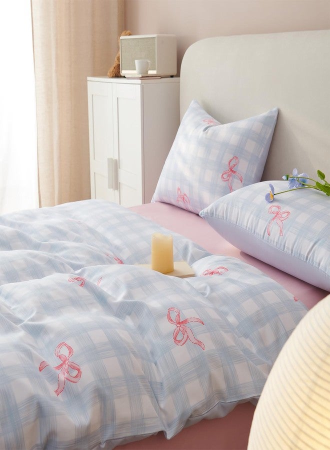 Bildenly Comforter Set Twin Size 2 Pieces Blue Plaid Pink Bow Reversible Comforter Bedding Sets for Girls Kids Bowknot Grid Pattern Soft Lightweight Dorm Bedding with 1 Pillowcase - Image 5