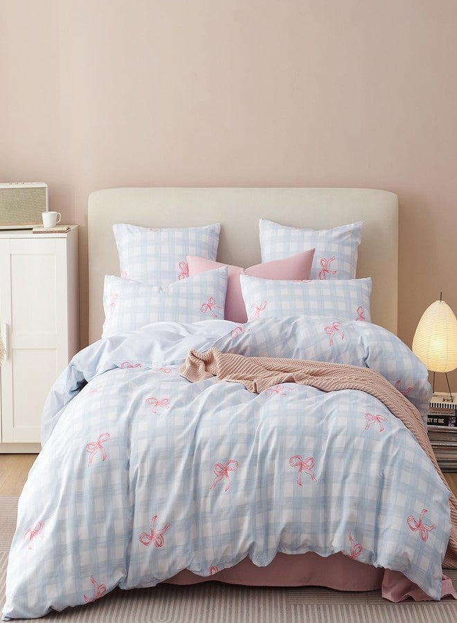 Bildenly Comforter Set Twin Size 2 Pieces Blue Plaid Pink Bow Reversible Comforter Bedding Sets for Girls Kids Bowknot Grid Pattern Soft Lightweight Dorm Bedding with 1 Pillowcase - Image 3