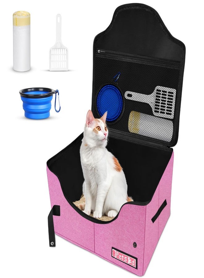 Petskd Portable Travel Litter Box for Cats with Lid and 10 pcs Liner Bags, Light Weight, Leak-Proof and Higher Sides for Road Trips, Hotel Stays, Car Travel(Pink) - Image 1