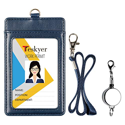 Teskyer Leather Badge Holder with Lanyard and Badge Reel, Retractable Lanyard ID Card Holder for Office School Name Work IDs, Blue - Image 3