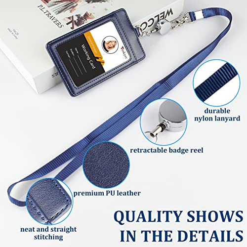 Teskyer Leather Badge Holder with Lanyard and Badge Reel, Retractable Lanyard ID Card Holder for Office School Name Work IDs, Blue - Image 2