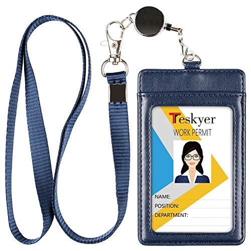 Teskyer Leather Badge Holder with Lanyard and Badge Reel, Retractable Lanyard ID Card Holder for Office School Name Work IDs, Blue - Image 1