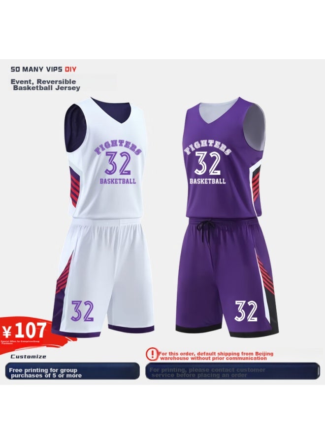 So Many Vips High-end Custom Double-sided Basketball Jersey Set With Printed Design, Reversible Gssm035 White & Purple 2XL - Image 2