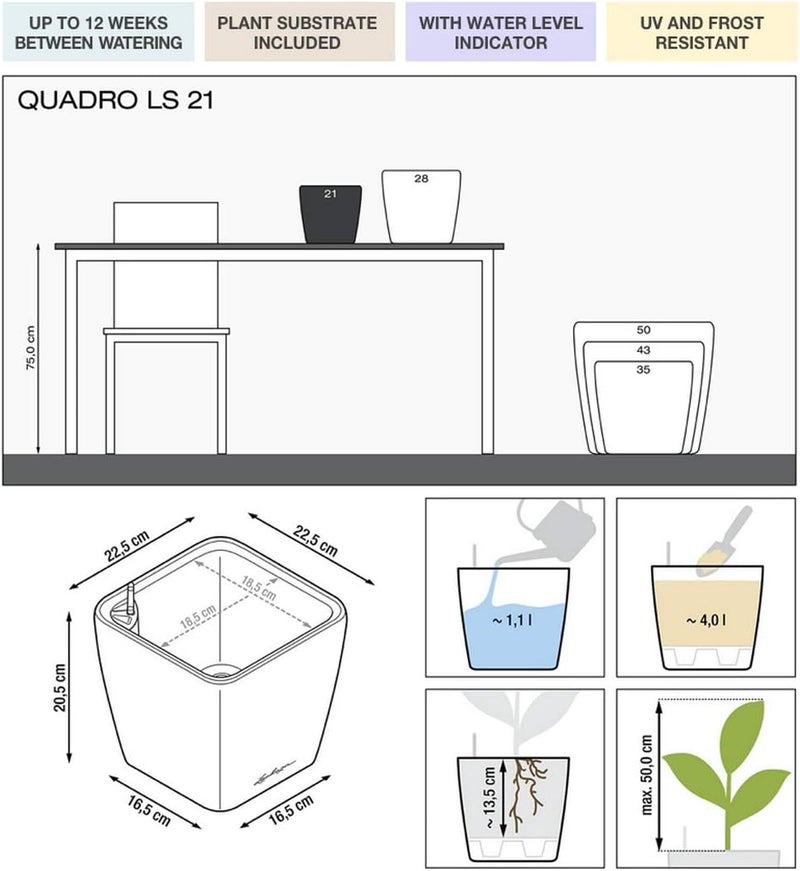 Lechuza Self Watering Plant Pot QUADRO LS 21 Garden Flower Indoor Outdoor Table Plastic Small Planter with Drainage Hole H20 L21 W21 cm White High-Gloss - Image 2
