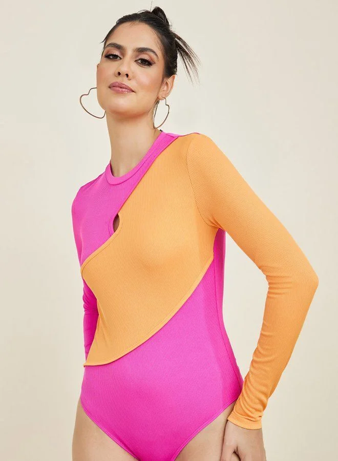 ستايلي Long Sleeves Colourblock Ribbed Fitted Knit Bodysuit