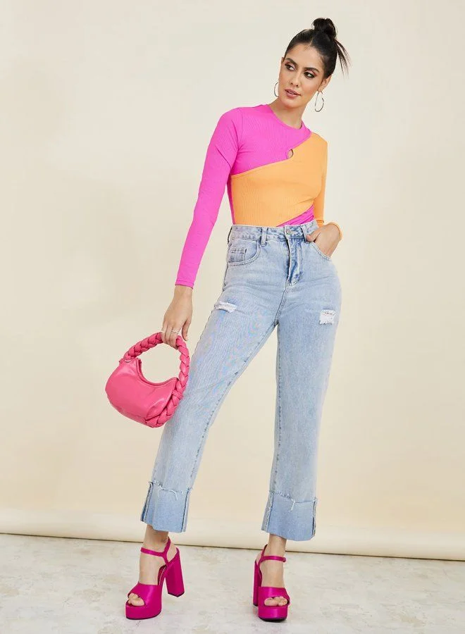 ستايلي Long Sleeves Colourblock Ribbed Fitted Knit Bodysuit